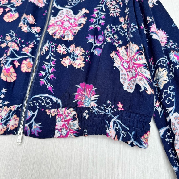 JOSIE NATORI Floral Bomber Jacket Size S Navy Pink Paisley Boho Lightweight - Picture 4 of 11